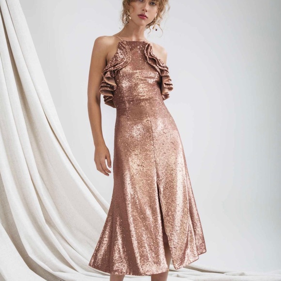 NEW C/MEO COLLECTIVE SEQUIN RUFFLE MIDI DRESS - Picture 9 of 9